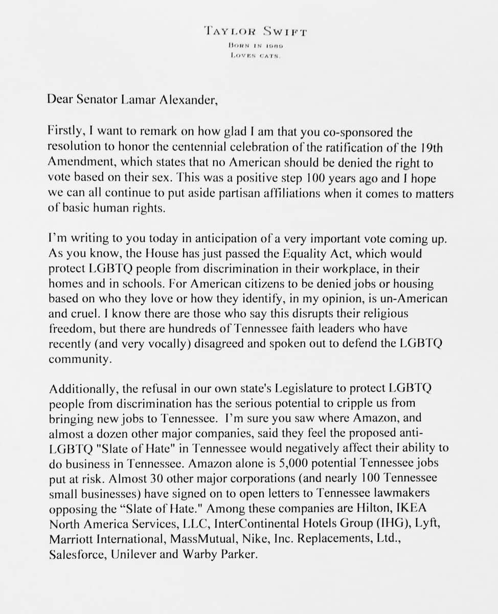 天后泰勒为LGBTQ发声督促议员支持平权法案:法律对公民需一律平等-NICEOLO